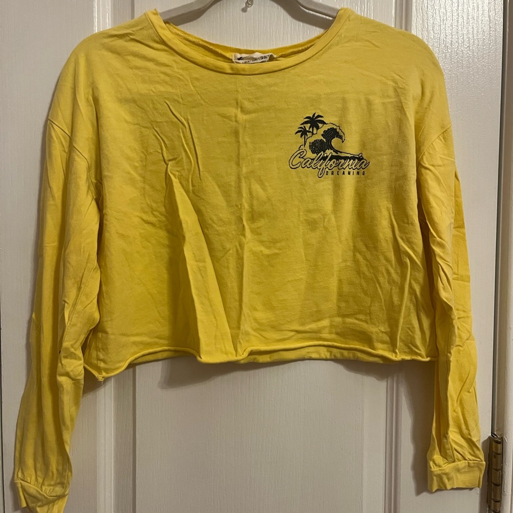 Yellow Cropped Long Sleeve Tee with California Beach Decals